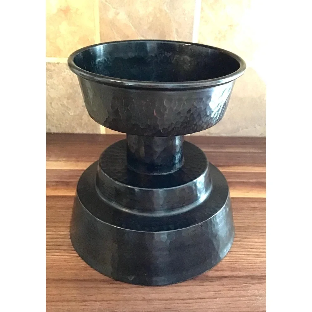 Pottery Barn Pounded Bronze Pillar Candle Holder Hammered Metal Pedestal Black